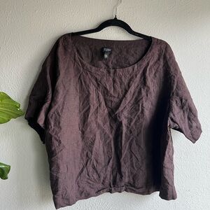 Eileen Fisher Dark Brown Short-Sleeve Linen Tunic Top
